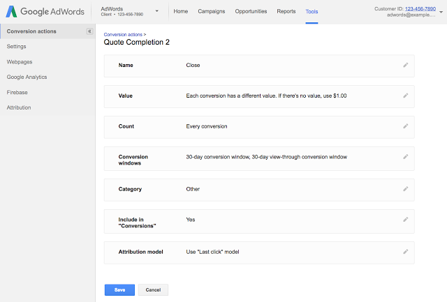 AdWords Conversion Settings